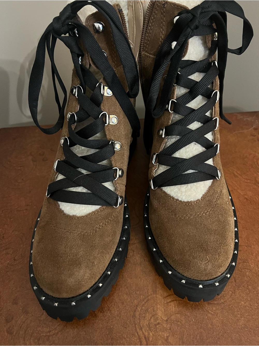 Steve Madden Brown Suede Lace-Up Shearling-Trim Hiking Boots